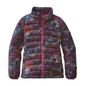 Patagonia Puffer Jacket Girls Goose Down Youth XL 14 Birds Flower Pattern Winter